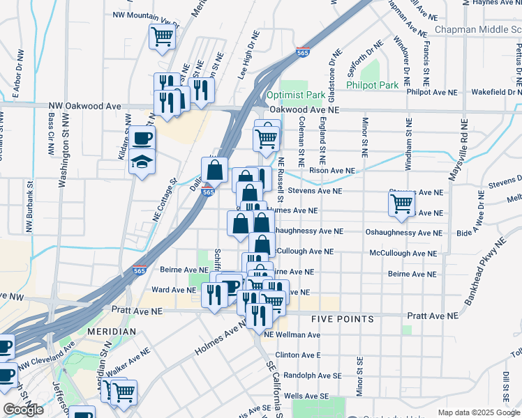 map of restaurants, bars, coffee shops, grocery stores, and more near 616 Stevens Avenue Northeast in Huntsville
