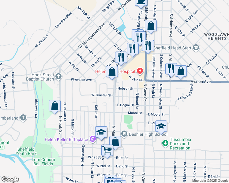 map of restaurants, bars, coffee shops, grocery stores, and more near 100-698 W Hobson St in Tuscumbia