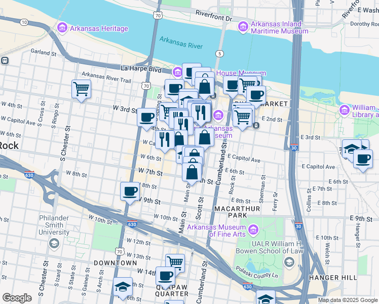 map of restaurants, bars, coffee shops, grocery stores, and more near 417 Main Street in Little Rock