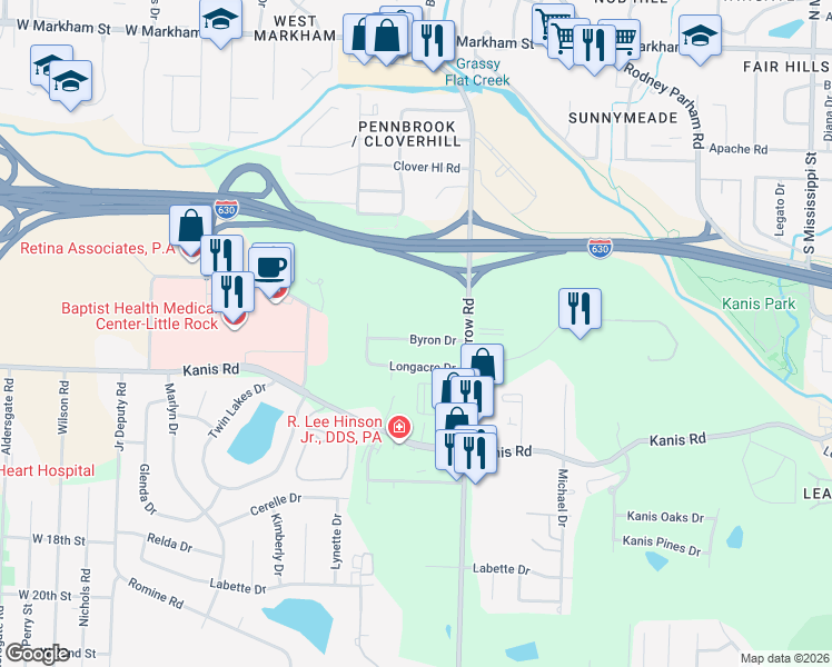 map of restaurants, bars, coffee shops, grocery stores, and more near 9008 Byron Drive in Little Rock