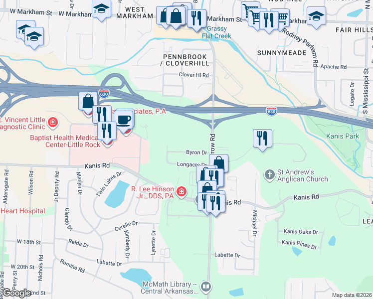 map of restaurants, bars, coffee shops, grocery stores, and more near 9008 Byron Drive in Little Rock