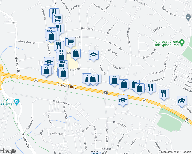 map of restaurants, bars, coffee shops, grocery stores, and more near 106 Ravenwood Drive in Jacksonville