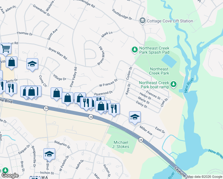 map of restaurants, bars, coffee shops, grocery stores, and more near 751 Pinewood Drive in Jacksonville
