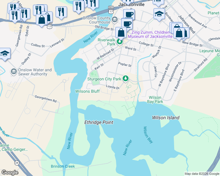 map of restaurants, bars, coffee shops, grocery stores, and more near 71 Court Street in Jacksonville