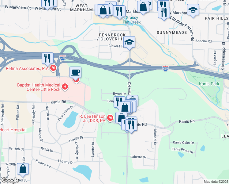 map of restaurants, bars, coffee shops, grocery stores, and more near 9008 Byron Drive in Little Rock