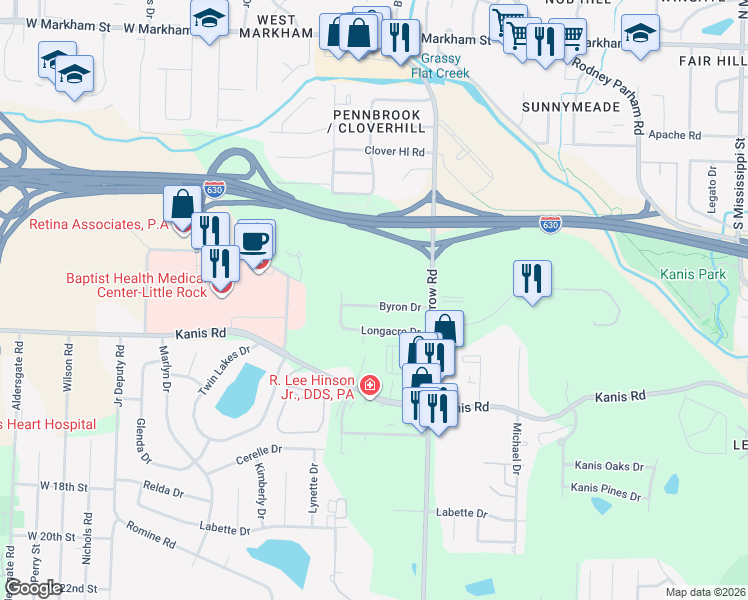 map of restaurants, bars, coffee shops, grocery stores, and more near 9008 Byron Drive in Little Rock