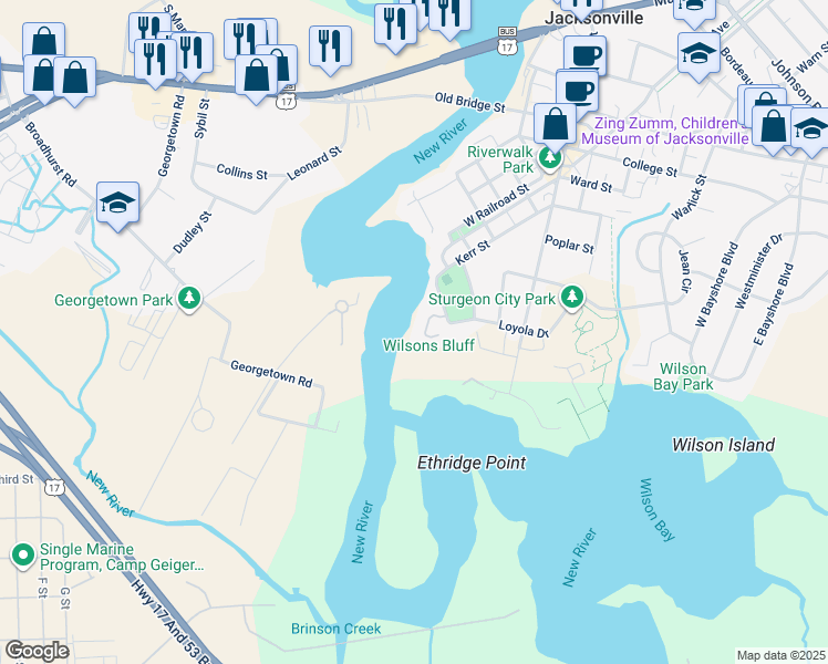 map of restaurants, bars, coffee shops, grocery stores, and more near 116 Riverwalk Lane in Jacksonville