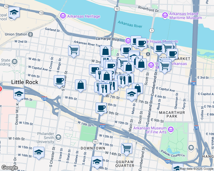 map of restaurants, bars, coffee shops, grocery stores, and more near 425 West Capitol Avenue in Little Rock