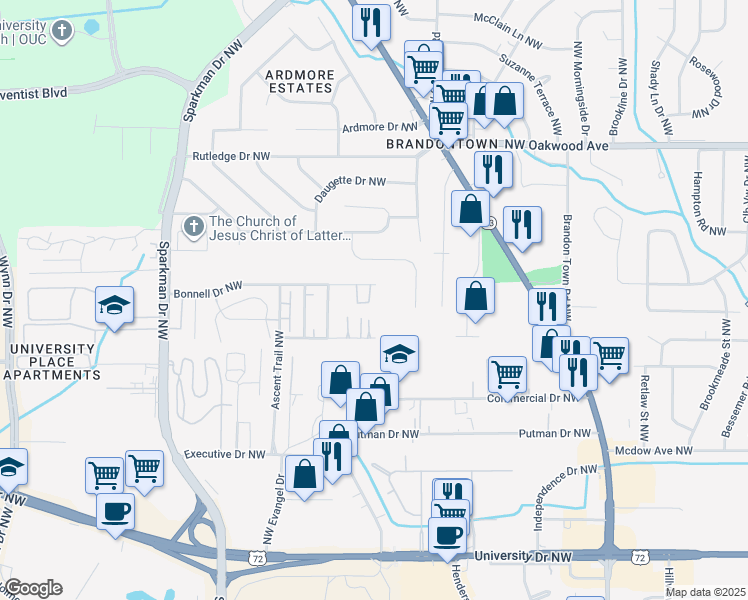 map of restaurants, bars, coffee shops, grocery stores, and more near 4419 Bonnell Drive in Huntsville