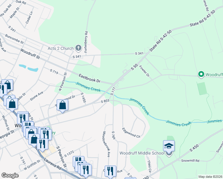 map of restaurants, bars, coffee shops, grocery stores, and more near 601 State Road S-42-50 in Woodruff