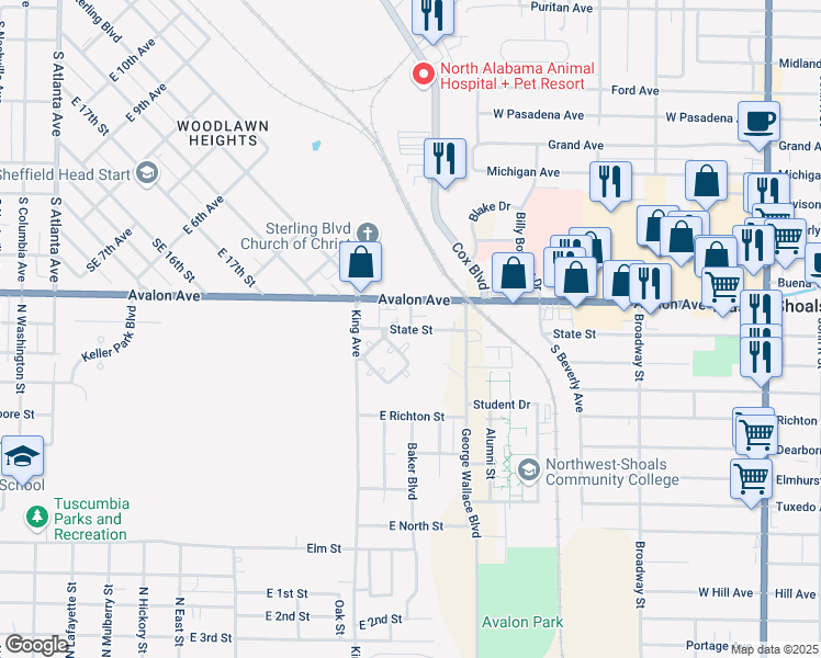 map of restaurants, bars, coffee shops, grocery stores, and more near State St in Tuscumbia
