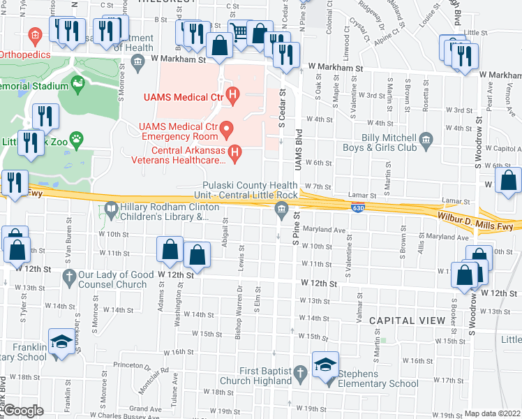 map of restaurants, bars, coffee shops, grocery stores, and more near 802 S Elm St in Little Rock