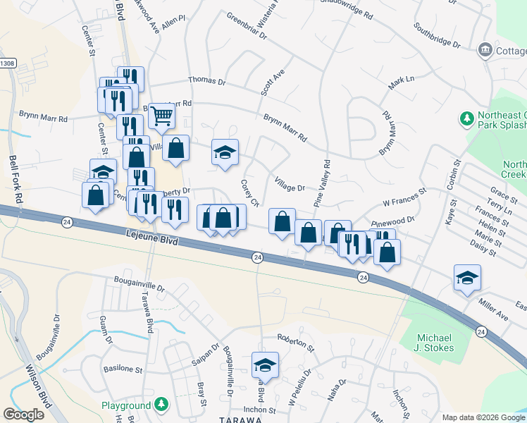 map of restaurants, bars, coffee shops, grocery stores, and more near 144 Corey Circle in Jacksonville