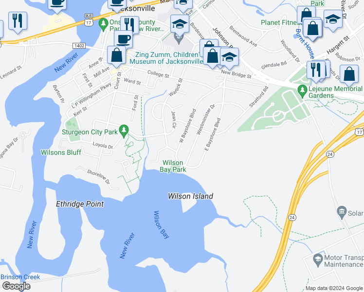 map of restaurants, bars, coffee shops, grocery stores, and more near 18 Bayshore Boulevard West in Jacksonville