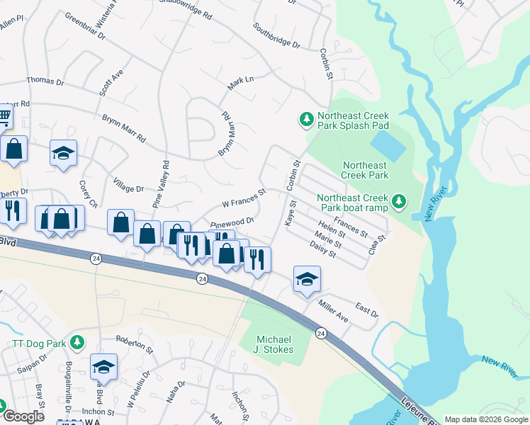 map of restaurants, bars, coffee shops, grocery stores, and more near 770 Pinewood Drive in Jacksonville