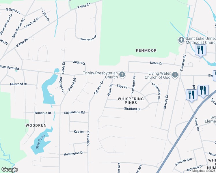map of restaurants, bars, coffee shops, grocery stores, and more near Appin Rd in Laurinburg