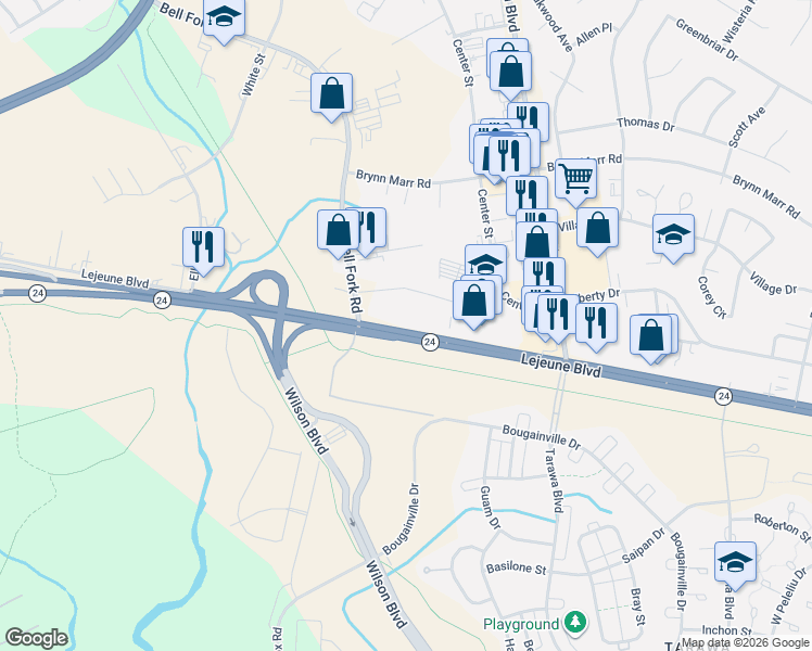 map of restaurants, bars, coffee shops, grocery stores, and more near 1621 Lejeune Boulevard in Jacksonville