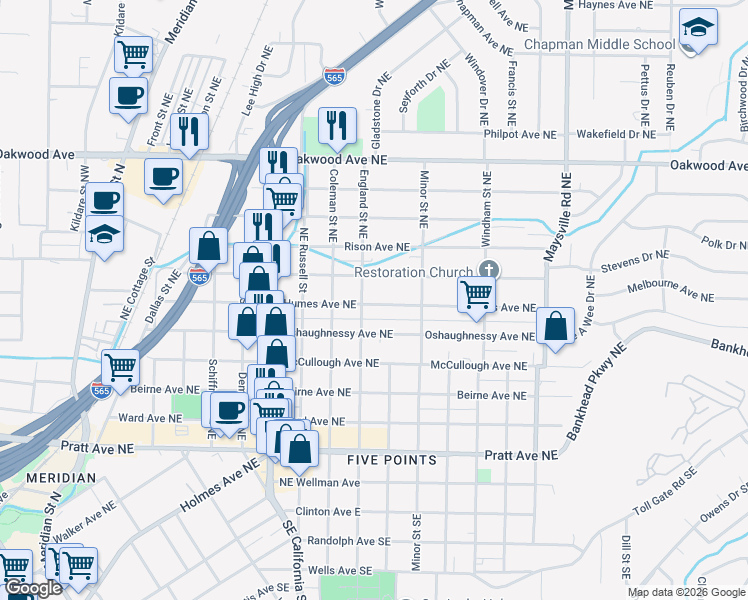 map of restaurants, bars, coffee shops, grocery stores, and more near 1109 Humes Avenue Northeast in Huntsville