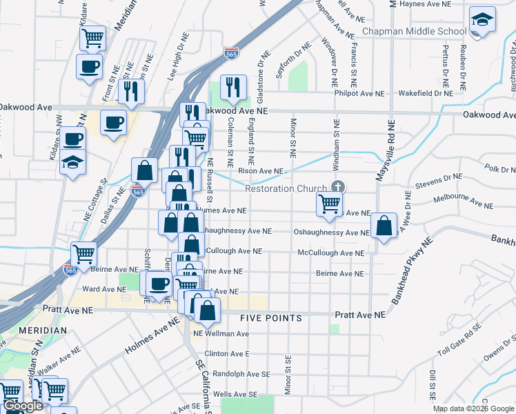map of restaurants, bars, coffee shops, grocery stores, and more near 1109 Humes Avenue Northeast in Huntsville