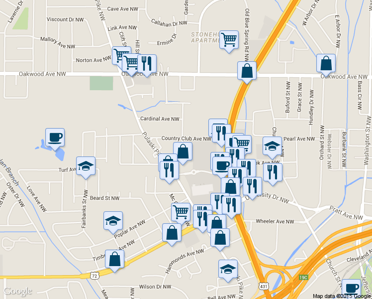 map of restaurants, bars, coffee shops, grocery stores, and more near 2020 Country Club Avenue Northwest in Huntsville