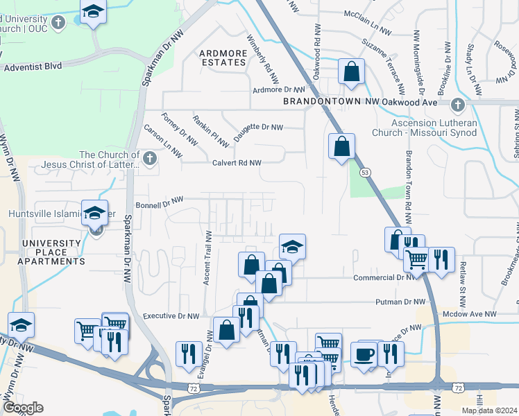 map of restaurants, bars, coffee shops, grocery stores, and more near 4427 Bonnell Drive Northwest in Huntsville