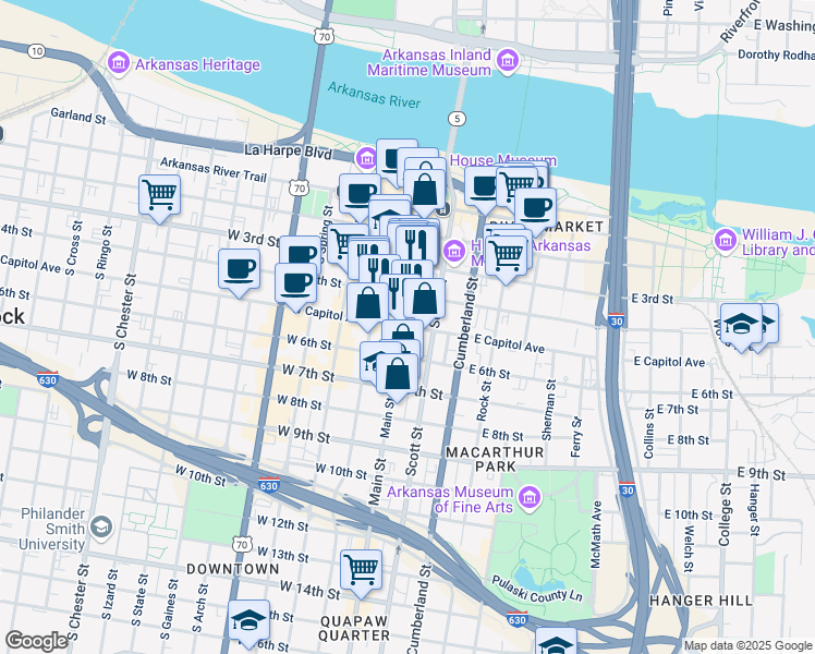 map of restaurants, bars, coffee shops, grocery stores, and more near 417 Main Street in Little Rock