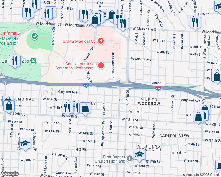 map of restaurants, bars, coffee shops, grocery stores, and more near 802 South Elm Street in Little Rock
