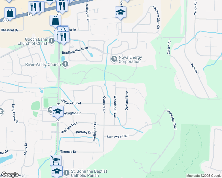 map of restaurants, bars, coffee shops, grocery stores, and more near 121 Woodland Trail in Madison