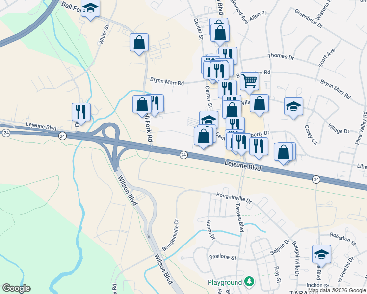 map of restaurants, bars, coffee shops, grocery stores, and more near 1621 Lejeune Boulevard in Jacksonville
