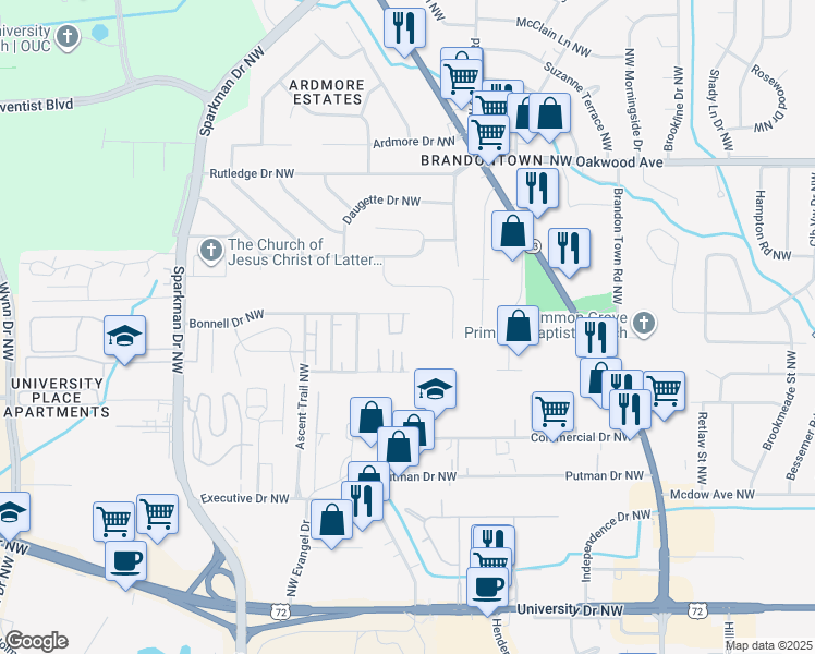 map of restaurants, bars, coffee shops, grocery stores, and more near 4419 Bonnell Drive Northwest in Huntsville