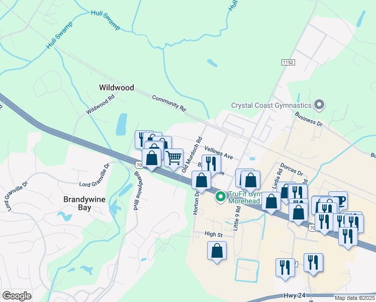map of restaurants, bars, coffee shops, grocery stores, and more near 175 Old Murdoch Road in Newport