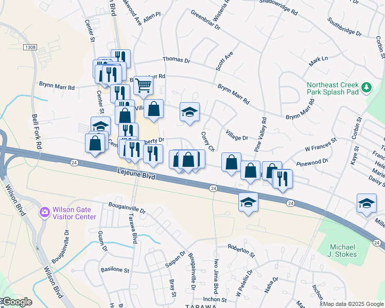 map of restaurants, bars, coffee shops, grocery stores, and more near 104 Ravenwood Drive in Jacksonville