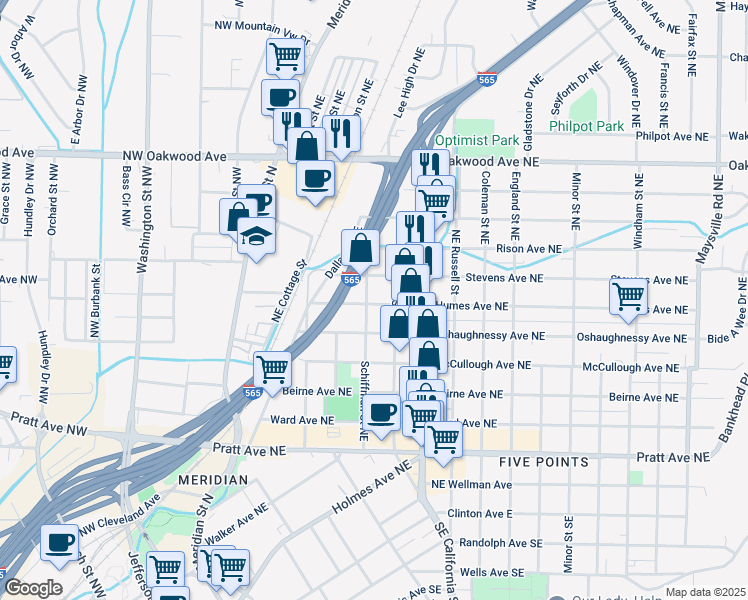 map of restaurants, bars, coffee shops, grocery stores, and more near 506 Stevens Avenue Northeast in Huntsville