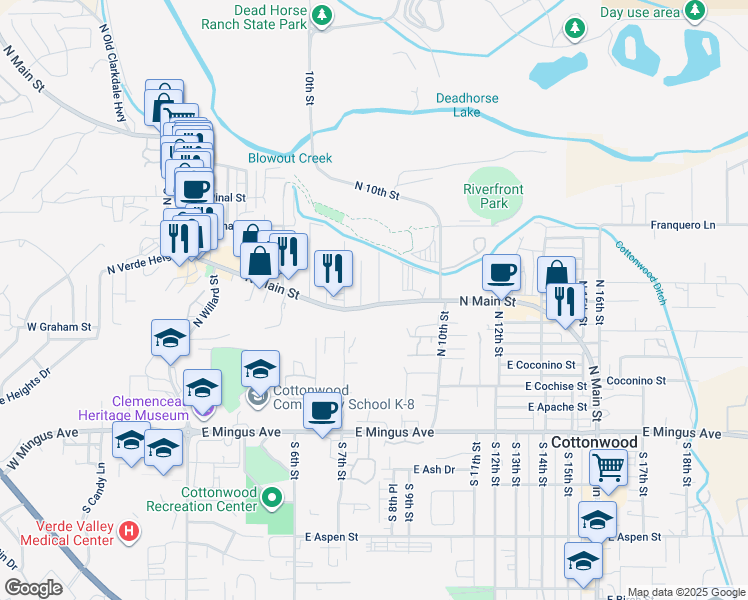 map of restaurants, bars, coffee shops, grocery stores, and more near 683 North Main Street in Cottonwood