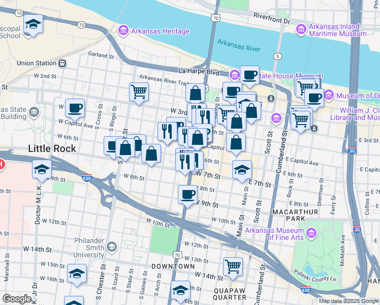 map of restaurants, bars, coffee shops, grocery stores, and more near 524 Broadway Street in Little Rock