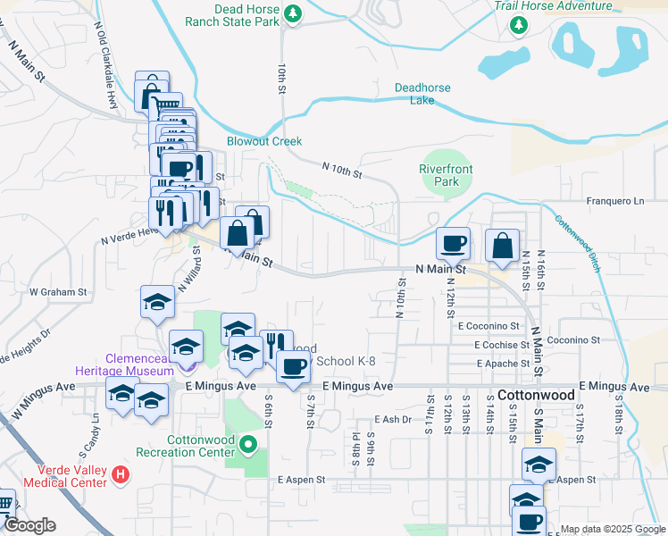 map of restaurants, bars, coffee shops, grocery stores, and more near 611 North 7th Street in Cottonwood