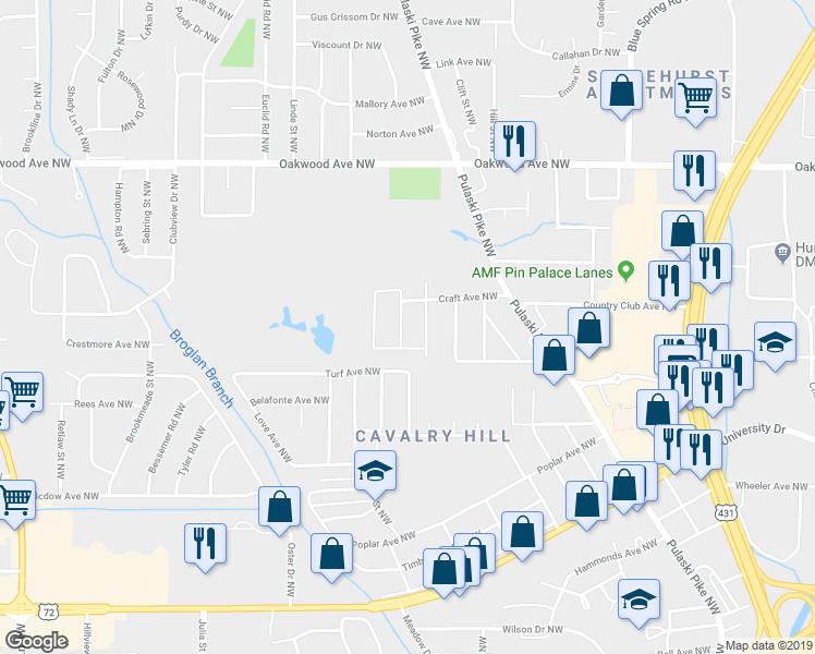 map of restaurants, bars, coffee shops, grocery stores, and more near 1713 Niblick Avenue Northwest in Huntsville