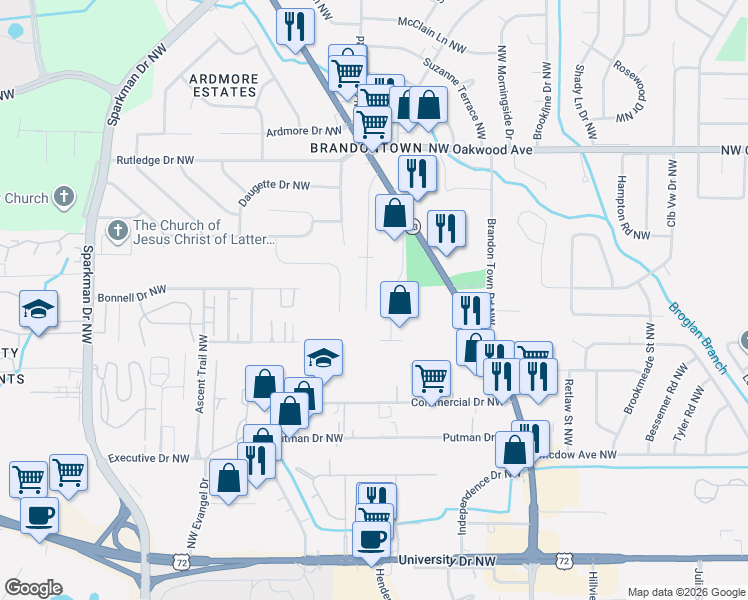 map of restaurants, bars, coffee shops, grocery stores, and more near 1704 Lydia Drive Northwest in Huntsville