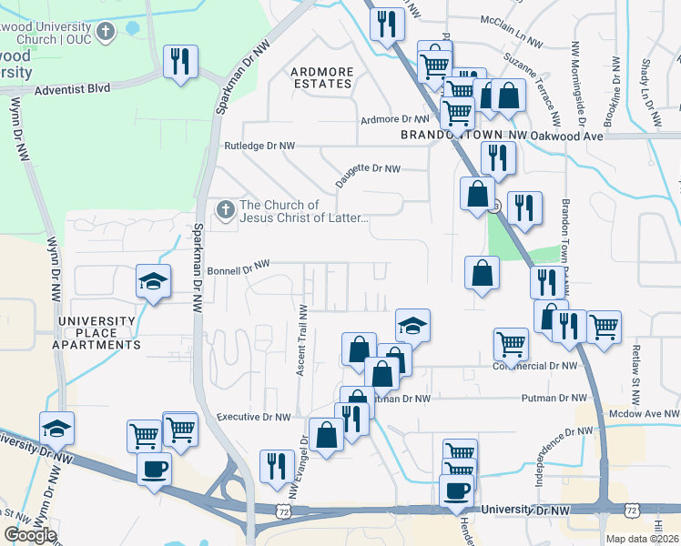 map of restaurants, bars, coffee shops, grocery stores, and more near 4433 Bonnell Drive Northwest in Huntsville