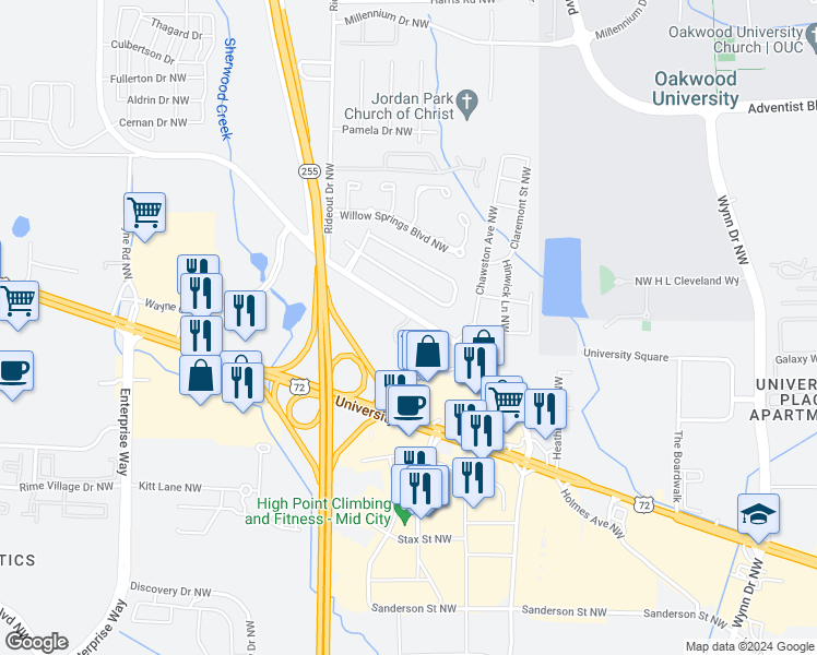 map of restaurants, bars, coffee shops, grocery stores, and more near 1009 Stones Throw Drive Northwest in Huntsville