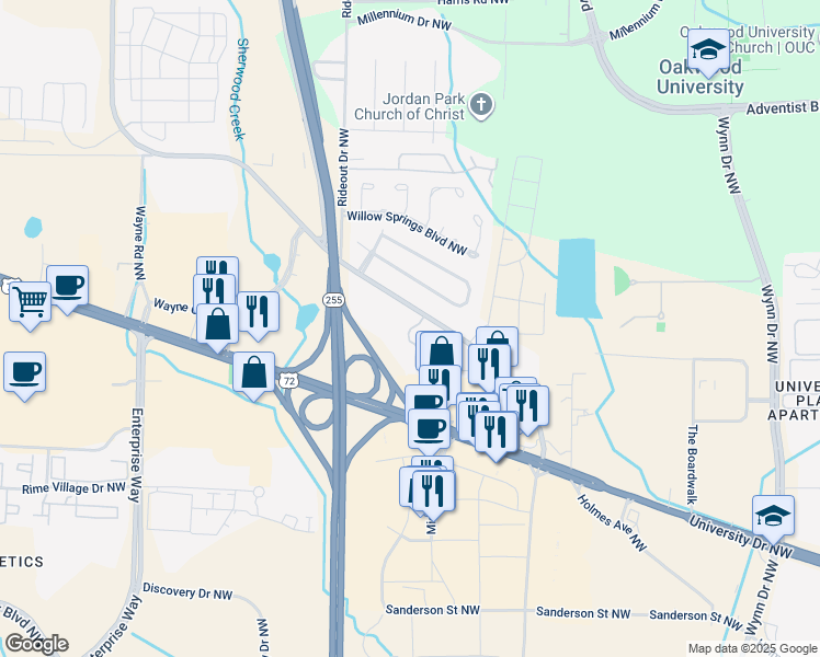 map of restaurants, bars, coffee shops, grocery stores, and more near 1009 Stones Throw Drive Northwest in Huntsville