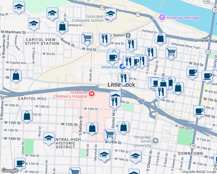 map of restaurants, bars, coffee shops, grocery stores, and more near 1515 West 7th Street in Little Rock