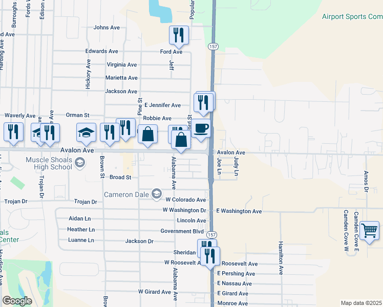 map of restaurants, bars, coffee shops, grocery stores, and more near 2513 East Avalon Avenue in Muscle Shoals