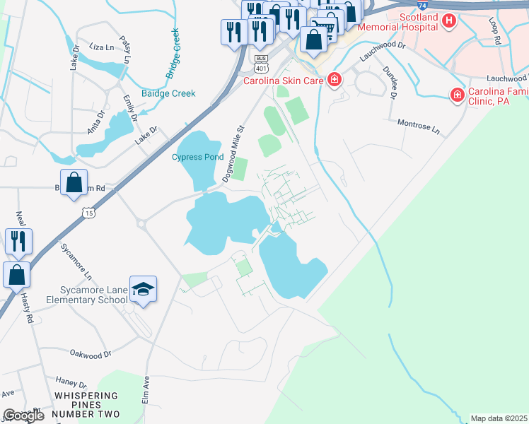 map of restaurants, bars, coffee shops, grocery stores, and more near 1700 Dogwood Mile Street in Laurinburg