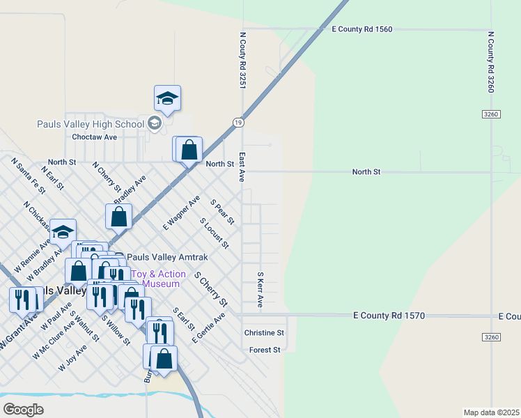 map of restaurants, bars, coffee shops, grocery stores, and more near 218 Lincoln Street in Pauls Valley