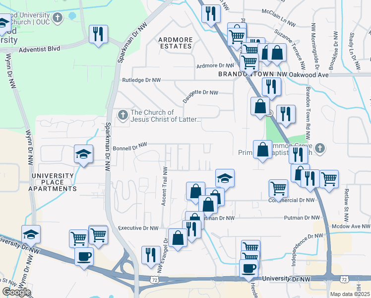map of restaurants, bars, coffee shops, grocery stores, and more near 4433 Bonnell Drive Northwest in Huntsville