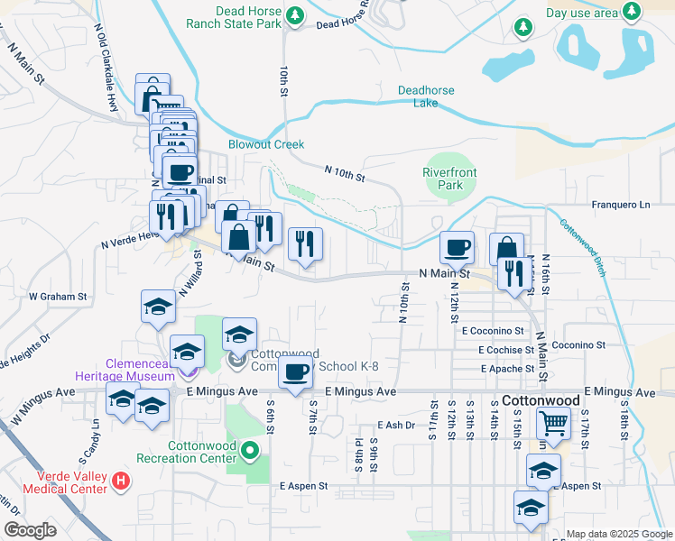 map of restaurants, bars, coffee shops, grocery stores, and more near 687 North Main Street in Cottonwood