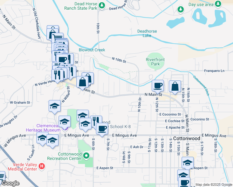 map of restaurants, bars, coffee shops, grocery stores, and more near 687 North Main Street in Cottonwood