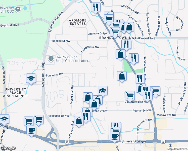 map of restaurants, bars, coffee shops, grocery stores, and more near 4421 Bonnell Drive in Huntsville