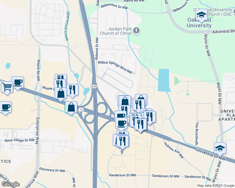 map of restaurants, bars, coffee shops, grocery stores, and more near 1000 Stones Throw Drive Northwest in Huntsville